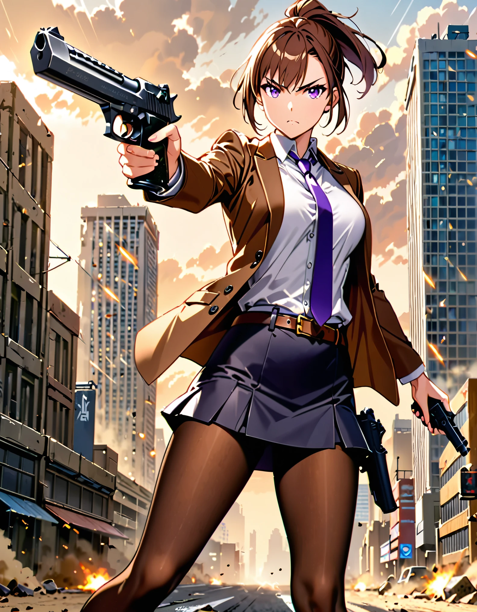 masterpiece, best quality, highres, 1girl, aiming and firing pistol, brown_hair, short hair, ponytail, finger_on_trigger, gun, large-caliber handgun, desert eagle, holding, holding_gun, holding_weapon, holster, open suit jacket, white shirt, miniskirt, (pantyhose), pencil_skirt, skirt, solo, trigger_discipline, weapon, purple eyes, dynamic action stance, grim expression, city backdrop, boots, full body character design, brown suit and tie, necktie, belt, cowboy shot