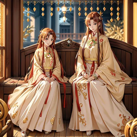 ((highest quality)), ((masterpiece)), (detailed), perfect face、yuuki asuna、brown hair、hanfu、((5 year old son))、（mother and child...