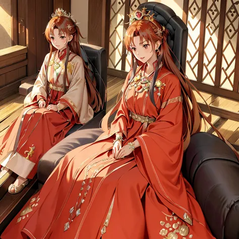 ((highest quality)), ((masterpiece)), (detailed), Perfect Face、Yuuki Asuna、Brown Hair、Hanfu、((5 year old son))、（Mother and child...