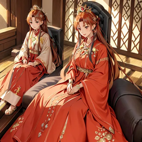 ((highest quality)), ((masterpiece)), (detailed), perfect face、yuuki asuna、brown hair、hanfu、((5 year old son))、（mother and child...