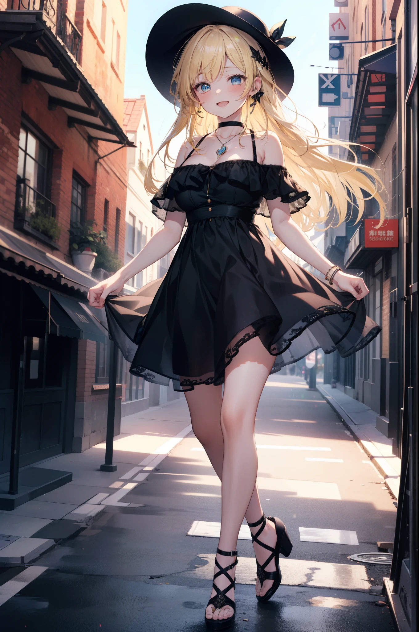 Eliase, catalyst, Yellow Hair, blue eyes,Long Hair,White hat,, Big Breasts,Bare shoulders,Bare arms,bare clavicle,Bare neck,Locket Necklace,happy smile, smile, Open your mouth,Off-the-shoulder sleeveless dress,Long skirt,Heeled Sandals,True Summer,Daytime,Clear skies,
break looking at viewer,
break outdoors, In town,Building district,
break (masterpiece:1.2), highest quality, High resolution, unity 8k wallpaper, (figure:0.8), (Beautiful fine details:1.6), Highly detailed face, Perfect lighting, Highly detailed CG, (Perfect hands, Perfect Anatomy),