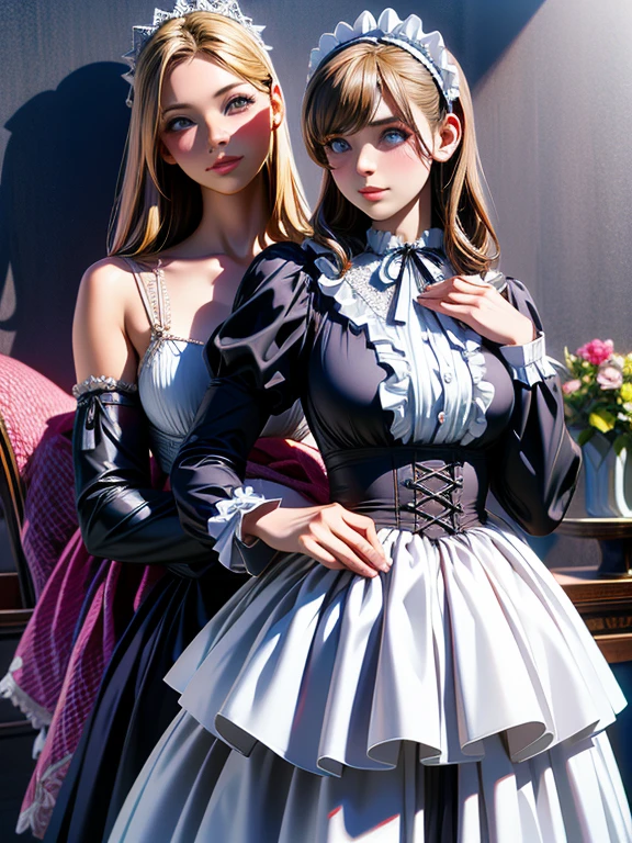 {{masterpiece、highest quality、(((Realistic、Realistic:1.37)))、8K quality}}, A woman dressed in Gothic Lolita costume is holding a music box、A scene from a tea  with gothic lolita cosplayers、An elegant white dress with a black base and a hidden chest、Highly detailed frills、Roll up the bonnet vertically、Skirt inflated with panniers、Gothic Lolita Style、Lolita girl in elegant black dress decorated with white frills、Skirt with vertical roll pannier, artwork in the style of Switzerland, Switzerland on pixiv artstation, Switzerland, Fantasy art style, Switzerland masterpiece, Beautiful and elegant queen, Beautiful character drawings, Detailed digital anime art, Blonde Gothic Lolita Cosplay Princess, Gray Hair, Sky blue eyes, Pink Lips