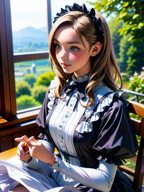 {{masterpiece、highest quality、(((realistic、realistic:1.37)))、8k quality}}, a woman dressed in gothic lolita costume is holding a...