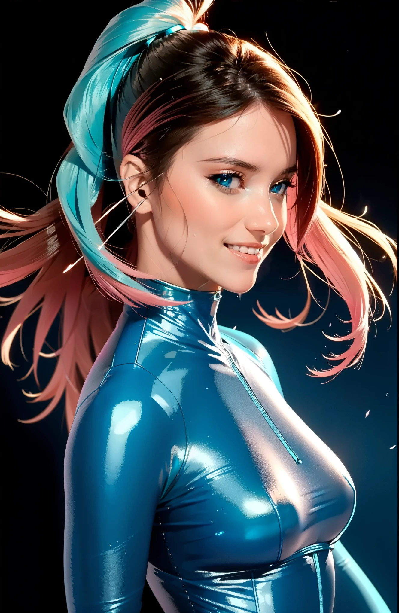 cyberpunk female woman wearing (chromatic accents:1.1), sleek transparent bodysuit, side view turning to face camera, (Petal Blush, Lagoon Blue color background:1.3), amazing smile, looking at camera, 1980’s style poster