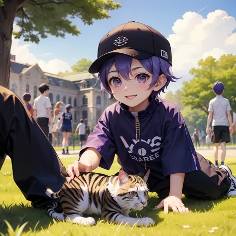 boy、3 year old boy、short hair，sports cap、cool、cool、handsome、smile、purple hair、purple eyes、purple clothes、playing in the park、cat...