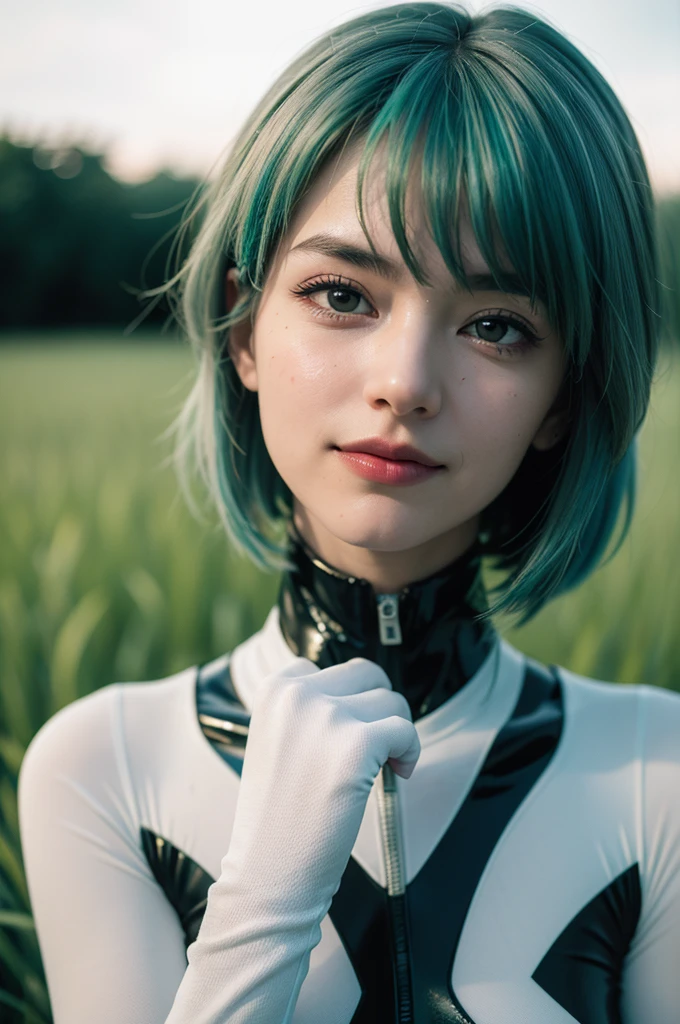 (dramatic lighting:1.2), 1girl, (green field:1.2), hdr, looks at the viewer, (film overlay, film grain:1.3), (high contrast, dim light), mouth closed, smirk, cozy,  evangelion, rei,  ayanami_rei, red eyes, plugsuit, bodysuit,  white bodysuit, pale blue hair color, close-up