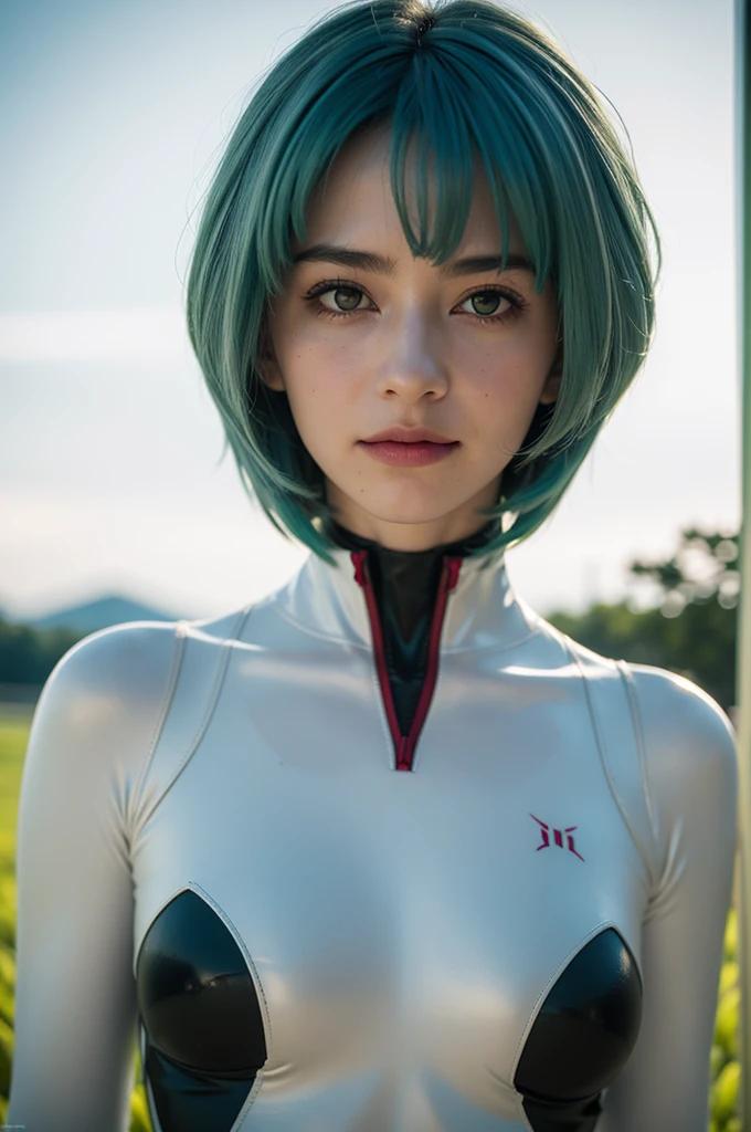 (dramatic lighting:1.2), 1girl, (green field:1.2), hdr, looks at the viewer, (film overlay, film grain:1.3), (high contrast, dim light), mouth closed, smirk, cozy,  evangelion, rei,  ayanami_rei, red eyes, plugsuit, bodysuit,  white bodysuit, pale blue hair color, close-up