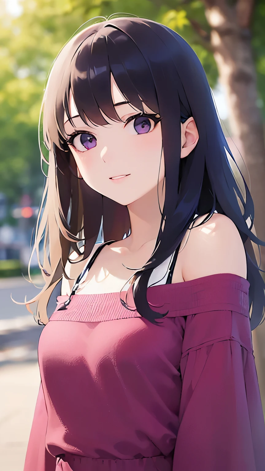 looking up, head tilt、Upper Body, Realistic, real person, (pale skin: 1.2), RAW photo, photorealistic, portrait photography, shiny skin, shiny hair、(A 2 woman with wavy hair and bangs) and (medium hair) and (black hair) and (purple eyes) , (pink dress) and (Off the shoulder) and (long sleeve)、smile, The background is a park、wood、grass、Sidewalk、Alone、Are standing
