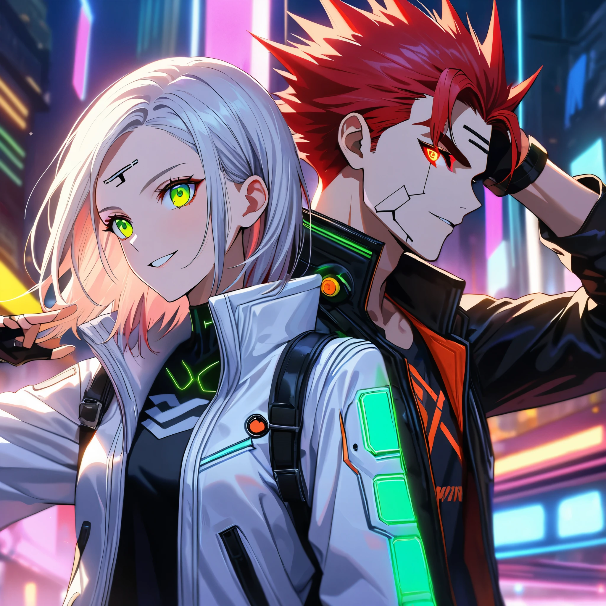 two persons, A man and a girl , man with short hair spiky upwards with some strands falling on the forehead holding a perfect neon katana wearing a leather white jacket and black t shirt, stand and confident pose, confidente smile, cyberpunk, night, fingerless gloves , red hair, neon eyes, ultra detailed face, and his horgeous sister with white long hair and green neon eyes, 