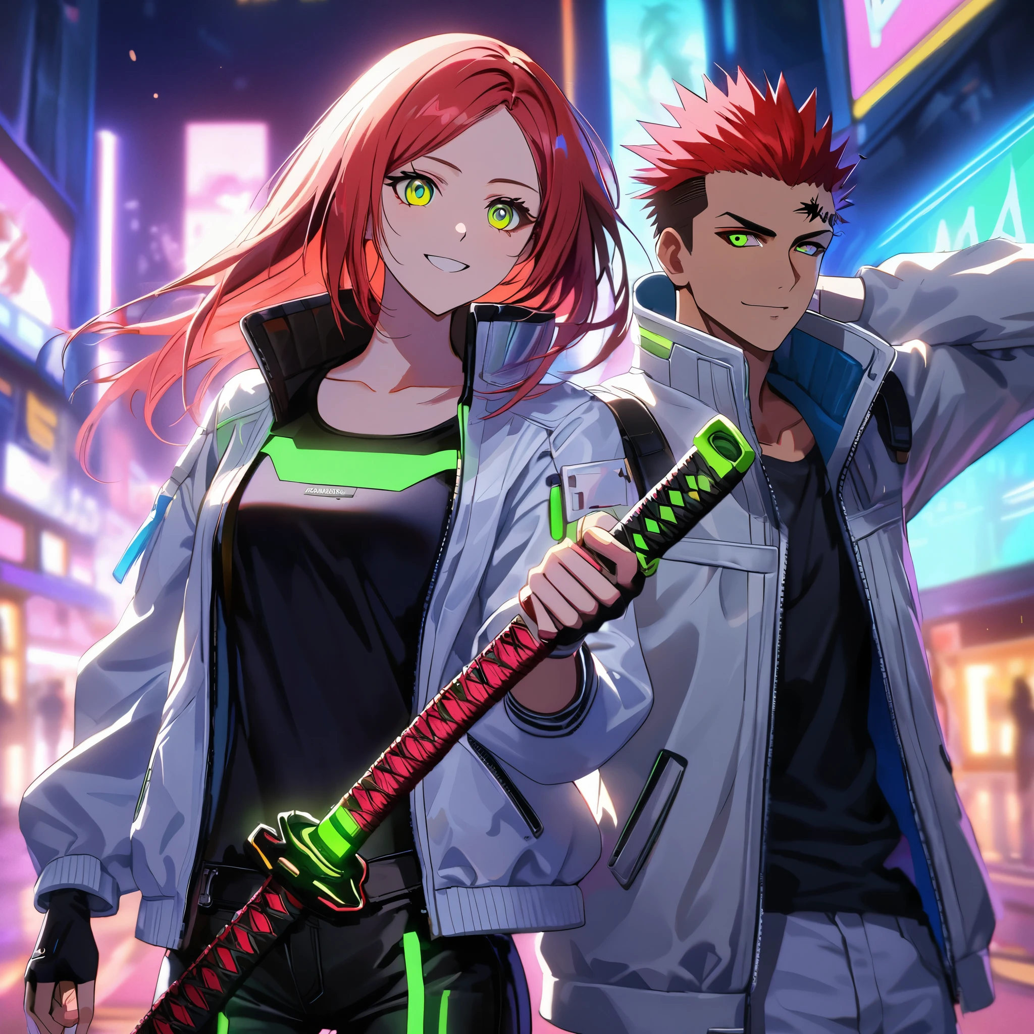 two persons, A man and a girl , man with short hair spiky upwards with some strands falling on the forehead holding a perfect neon katana wearing a leather white jacket and black t shirt, stand and confident pose, confidente smile, cyberpunk, night, fingerless gloves , red hair, neon eyes, ultra detailed face, and his horgeous sister with white long hair and green neon eyes, 