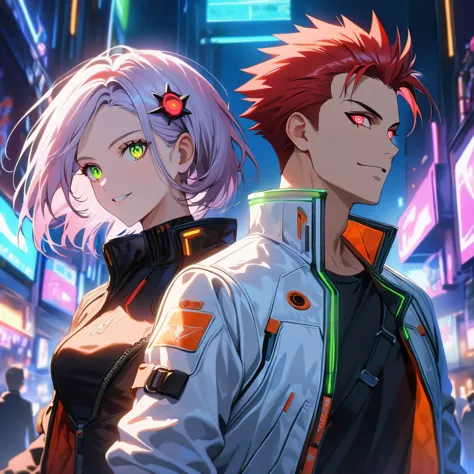 two persons, a man and a girl , man with short hair spiky upwards with some strands falling on the forehead holding a perfect ne...