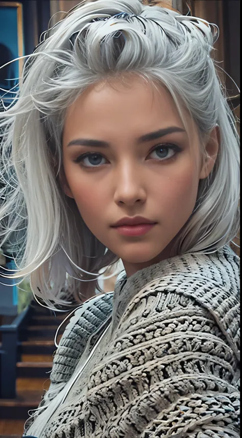 Medium Shot Shot, Beautiful woman looking at the camera, Gray Hair, Chris Foss&#39;s off-the-shoulder fall sweater