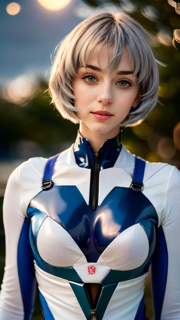 (((Ultra-HD-quality-details, real-photo-realistic, ideal))), (morbid light:1.2), (dynamic angle), raw photo, (Rei Ayanami), young, cute, very slim, skinny, red eyes, in high detailed textured Evangelion white suit, (light smile:0.8), moonlight passing through hair, (random beautiful background:1.3), (sharp), exposure blend, bokeh, dim light, high contrast, (muted colors, dim colors, soothing tones:1.3), low saturation, morbid