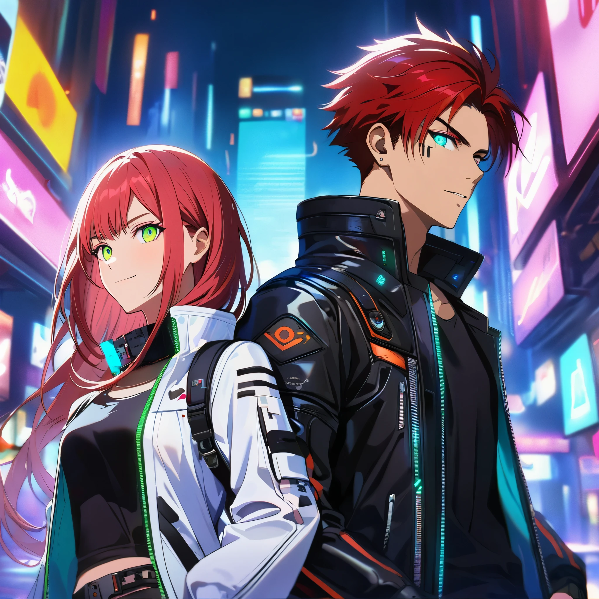 two persons, A man and a girl , man (Kyo Kusanagi look a like) holding a perfect neon katana wearing a leather white jacket and black t shirt, stand and confident pose, confidente smile, cyberpunk, night, fingerless gloves , red hair, neon eyes, ultra detailed face, and his horgeous sister with white long hair and green neon eyes, 