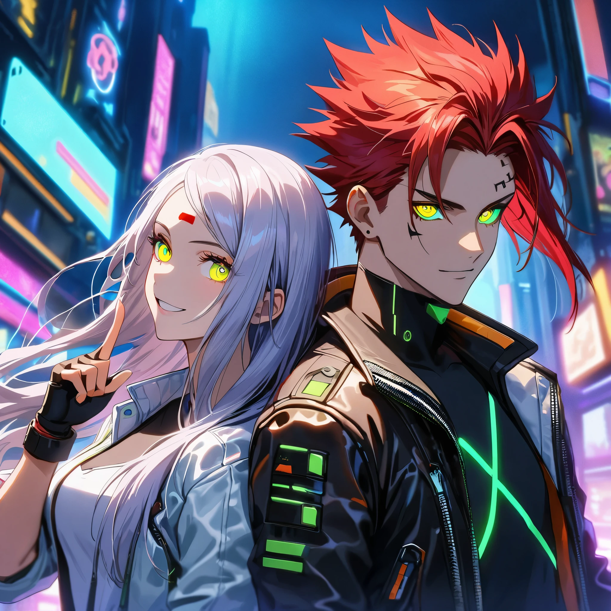 deux personnes, un homme et une fille , man with short cheveux roux spiky upwards with some long strands falling on the forehead and yellow yeux néon holding a perfect neon katana wearing a leather white jacket and black t shirt, position debout et confiante, Sourire de confidente, cyberpunk, nuit, Gants sans doigts , cheveux roux, yeux néon, visage ultra détaillé, and his horgeous sister with  perfect white long hair and green yeux néon, 