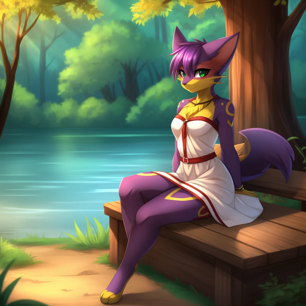 By zinfyuu on pixiv,by twistedscarlet60, uploaded on pixiv, by fluff-kevlar, (masterpiece), (best quality), (anthro furry:1.3, snout:1.2, anthro:1.3, furry:1.2, solo female:1.2), (extremely detailed:1.3), (green_detailed_eye), wearing white dress, sfw, forest, sitting, lake, nature beauty, view on viewer, liepard, very short hair, purple hair