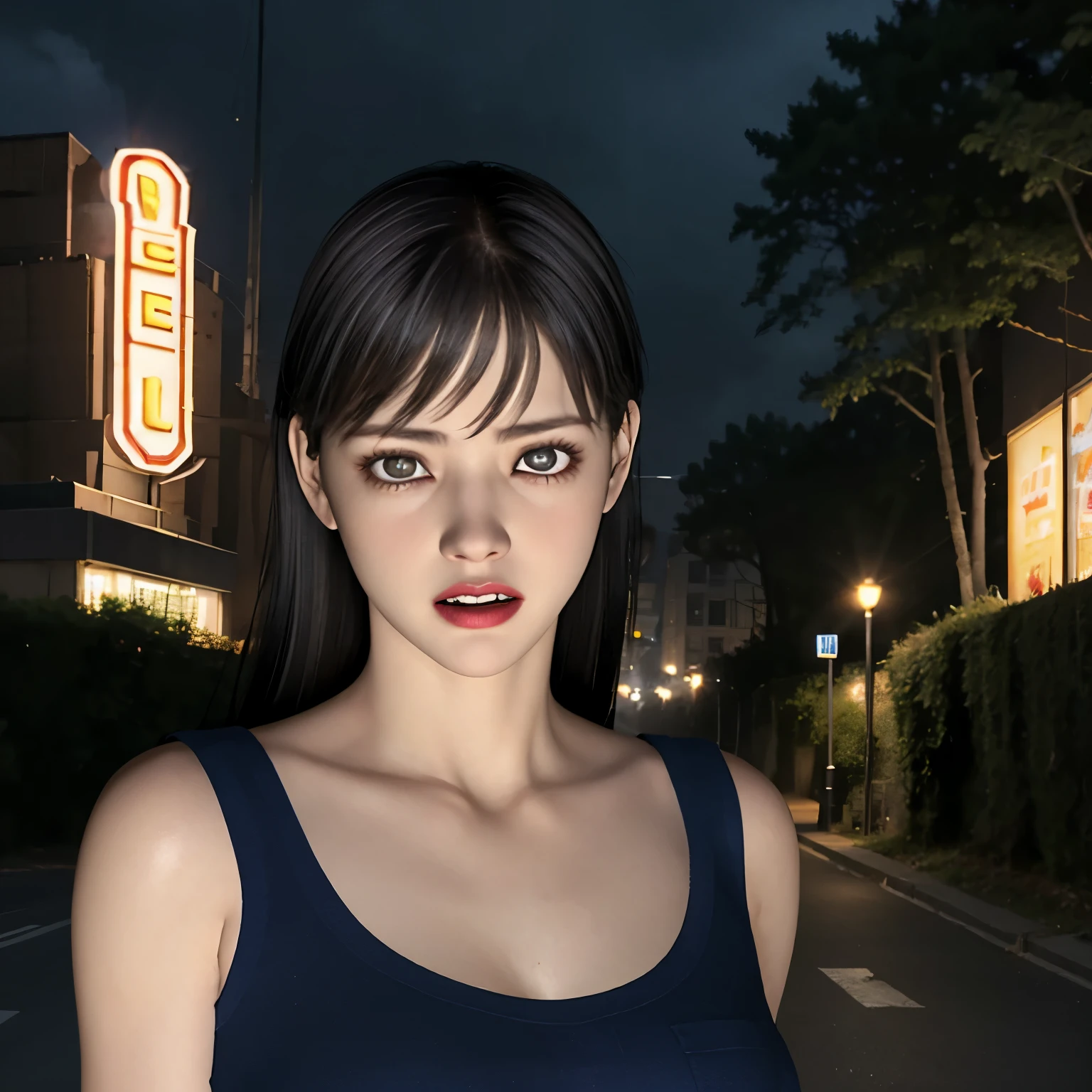 1 girl,alone,(whole body),(8k, highest quality, masterpiece:1.2), (Realistic, photo-Realistic:1.37), Very detailed,highest quality, Ultra-high resolution, Professional Lighting, Photon Mapping, Radio City, Physically Based Rendering, Cinema Lighting,  Midnight Road,Written boundary depth, 25-year-old female、Grimacing,fog、Frowning