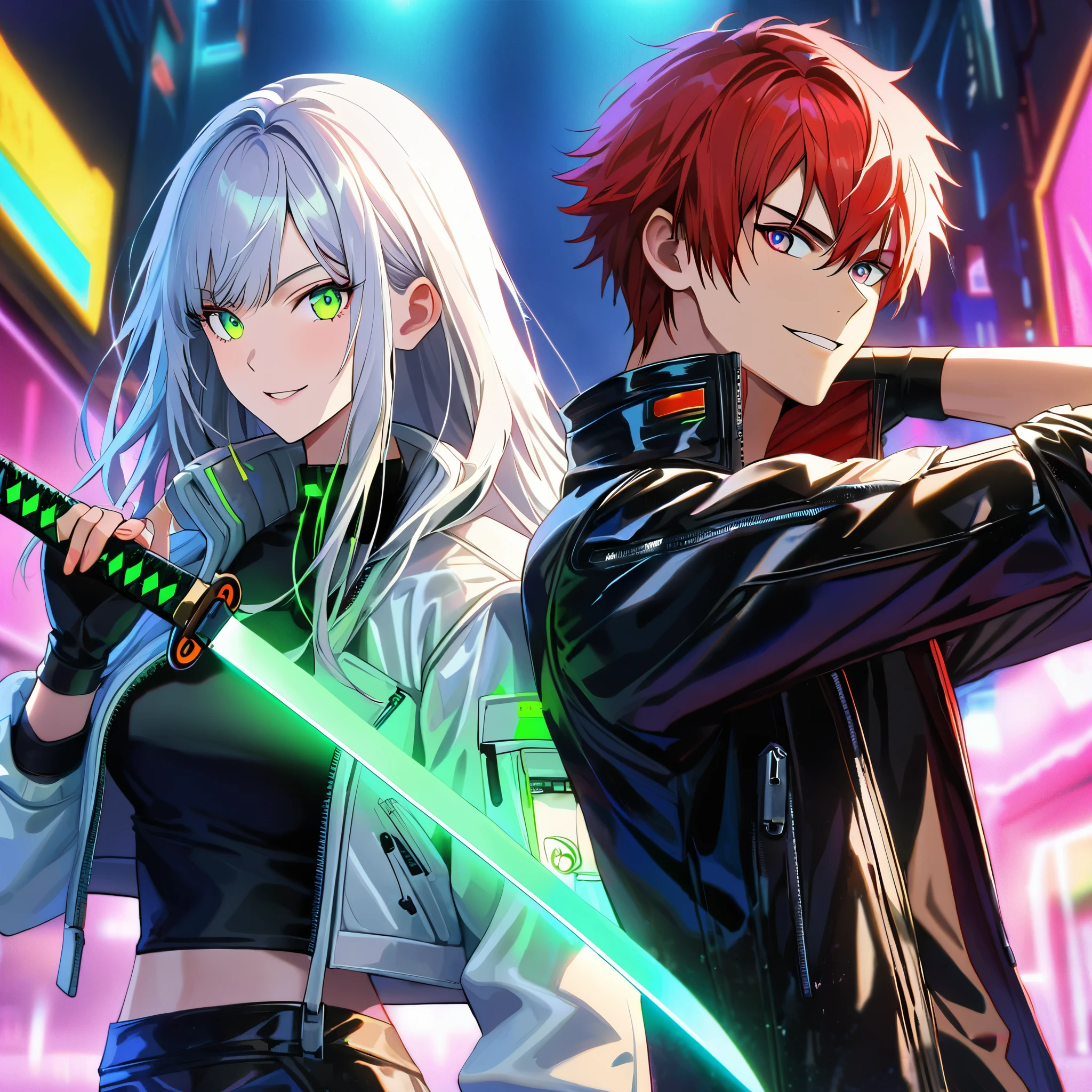 zwei Personen, A Mann and a girl , Mann (Kyo Kusanagi sieht ähnlich aus) hält ein perfektes Neon-Katana und trägt eine weiße Lederjacke und ein schwarzes T-Shirt, stehen und selbstbewusst posieren, selbstbewusstes Lächeln, cyberpunk, Nacht, fingerlose Handschuhe , Rote Haare, Neonaugen, ultradetailliertes Gesicht, and his gorgeous sister with white long hair and green Neonaugen, 