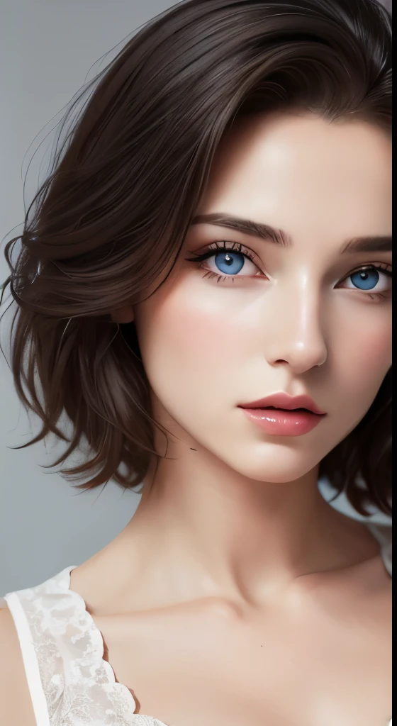 8K uhd、RAWphotograph、モデルphotograph撮影、 European race、(masterpiece、highest quality、Photorealistic、High resolution、photograph:1.3)、Close-up、Focusing、Hot Model、slim、30 year old mature woman、Small face、No makeup、Short Hair、Dark Brown Hair、Fine beautiful eyes、Real Skin、(perfect body)、Sexy hot face、Erotic、Sexual gaze、Detailed beautiful eyes、Glossy lips、Small breasts、Small breasts、Bust B cup、Realistic details、Cool beauty、Cool pose、White Silk Dress、Background gray、Plain grey background