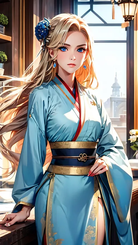 (masterpiece), HD Hanfu women, European and American face, Perfect face, Long blond hair, blue eyes, Very charming.