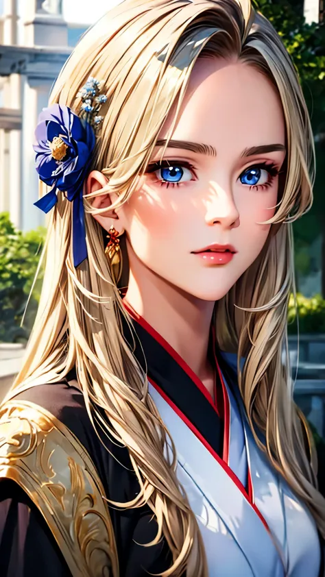 (masterpiece), HD Hanfu women, European and American face, Perfect face, Long blond hair, blue eyes, Very charming.