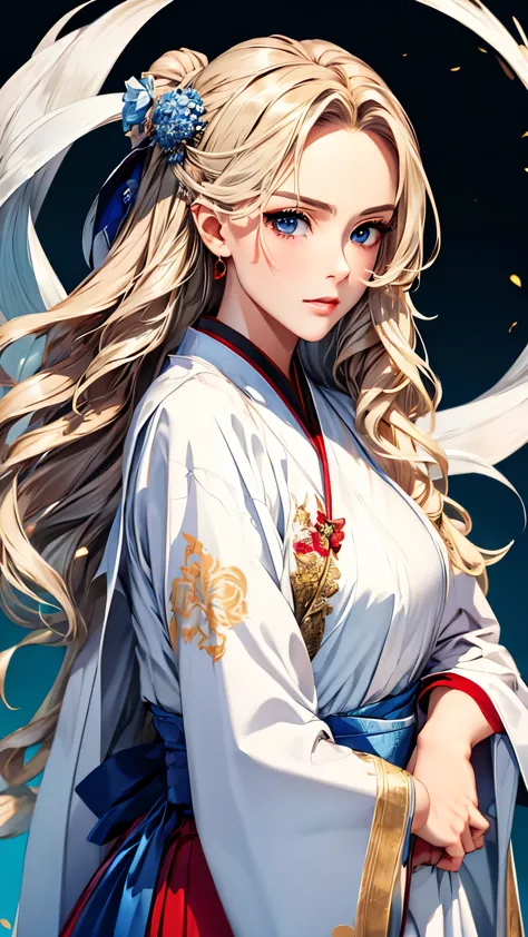 (masterpiece), HD Hanfu women, European and American face, Perfect face, Long blond hair, blue eyes, Very charming.