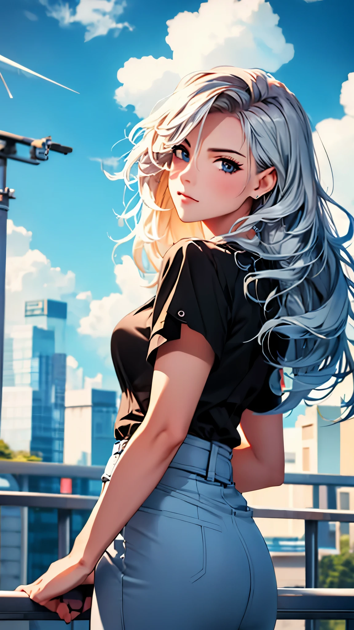 masterpiece, top quality, Very detailed, Unity 8K wallpaper, (Ride on a crane), Sky, 1 girl, heavy machine, Gradient hair, Hair between the eyes, Ahog, age: 16, look back, Pretty Face, White Niso,