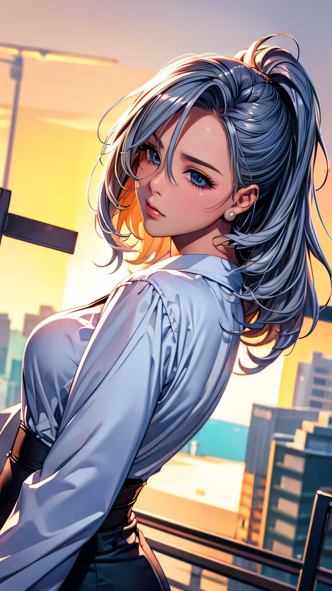 masterpiece, top quality, Very detailed, Unity 8K wallpaper, (Ride on a crane), Sky, 1 girl, heavy machine, Gradient hair, Hair between the eyes, Ahog, age: 16, look back, Pretty Face, White Niso,