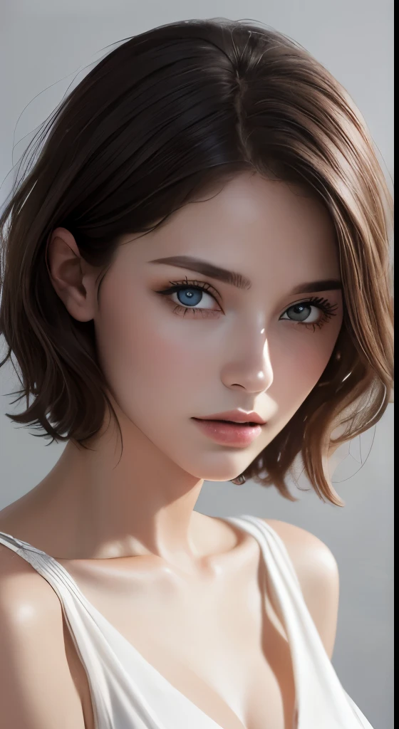 8K uhd、RAWphotograph、モデルphotograph撮影、 European race、(masterpiece、highest quality、Photorealistic、High resolution、photograph:1.3)、Close-up、Focusing、Hot Model、slim、30 year old mature woman、Small face、No makeup、Short Hair、Dark Brown Hair、Fine beautiful eyes、Real Skin、(perfect body)、Sexy hot face、Erotic、Sexual gaze、Detailed beautiful eyes、Glossy lips、Small breasts、Small breasts、Bust B cup、Realistic details、Cool beauty、Cool pose、White shiny silk dress、Background gray、Plain grey background