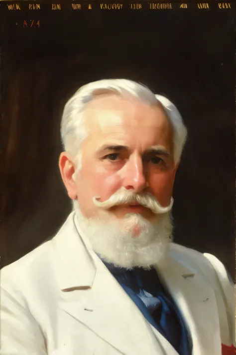 a painting of an old man by azrn, upper body, facial hair, beard, white hair, old man, male focus, solo, formal, mustache, suit,...