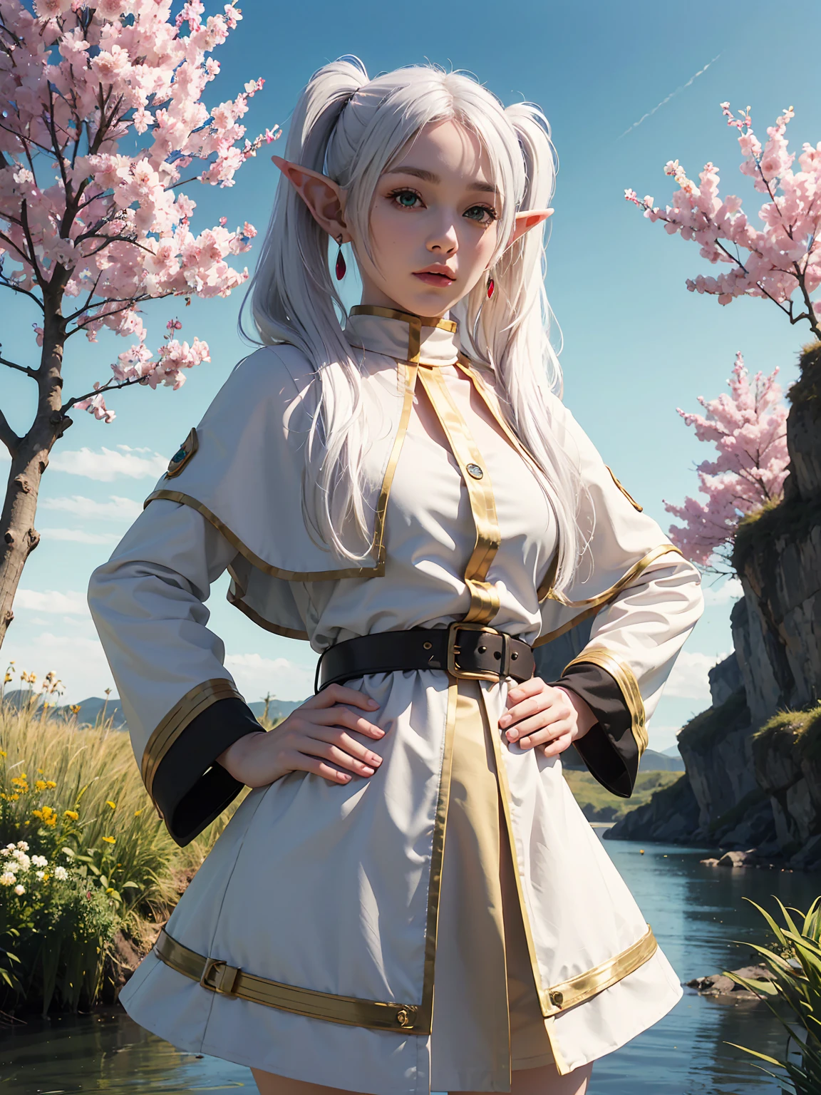 (maximum quality image, masterpiece), detailed landscape,(((white hair))), detailed beautiful green eyes,  tranquil lake (reflecting the vibrant sky at dusk),nuances of colors,quiet, frieren, 1girl, long hair, pointy ears, twintails, jewelry, elf, earrings, capelet, white capelet, long sleeves, parted bangs, dress, belt, flower, small breasts, wide hips, from below, hands behind hips