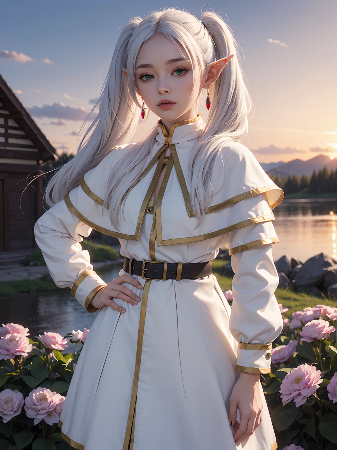 (maximum quality image, masterpiece), detailed landscape,(((white hair))), detailed beautiful green eyes,  tranquil lake (reflecting the vibrant sky at dusk),nuances of colors,quiet, frieren, 1girl, long hair, pointy ears, twintails, jewelry, elf, earrings, capelet, white capelet, long sleeves, parted bangs, dress, belt, flower, small breasts, wide hips, from below, hands behind hips