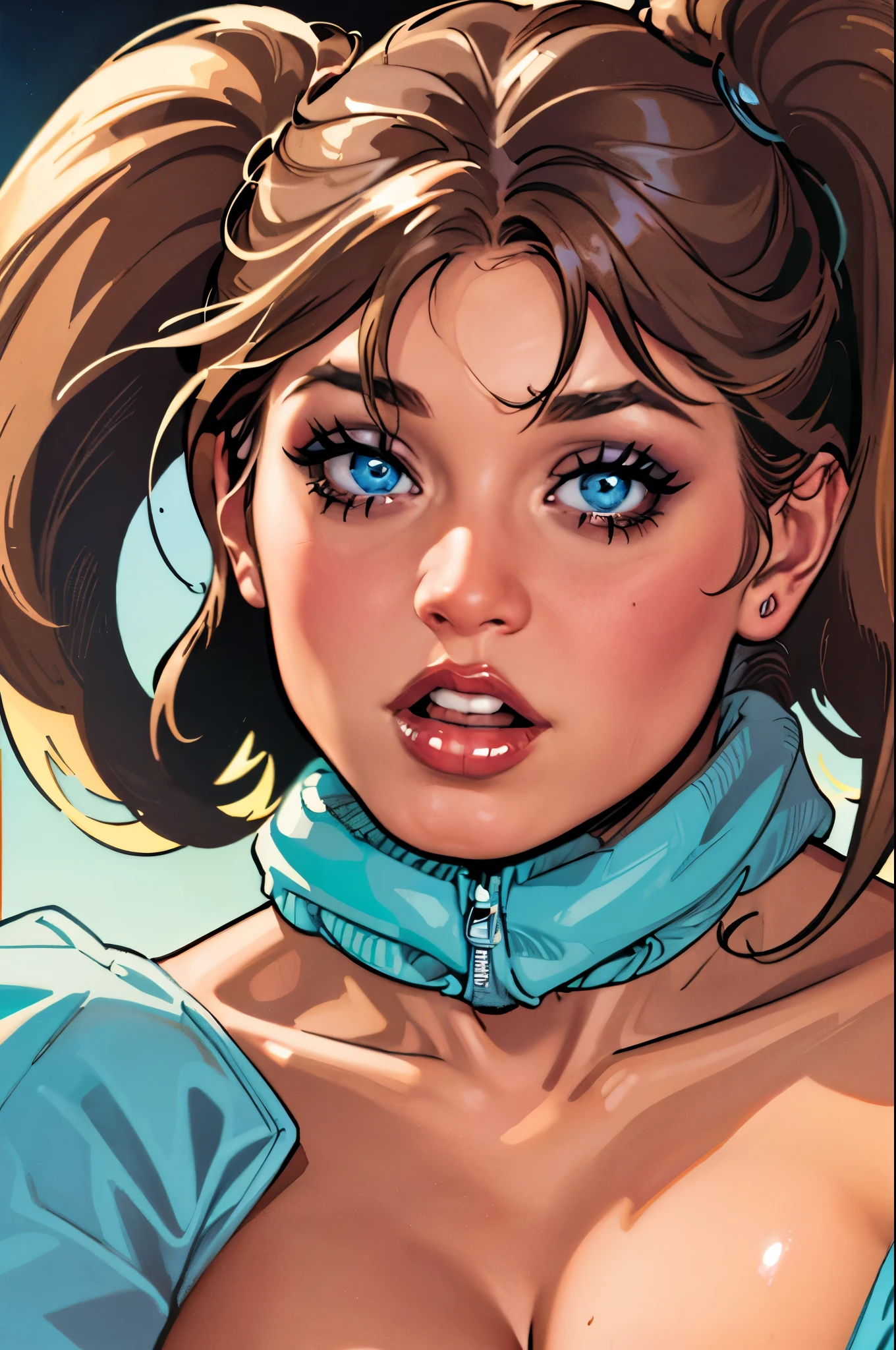 Rita Faltoyano as a realistic and intricate cyborg face of perfect beauty, 20 years old, full body, in comic book panel, full body, bold lineart illustration comic, seductive blue eyes, parted lips, perfect body, brown hair, nsfw:1.8, in the style of Adam Hughes, detailed face, parted lips, big ass, big , cleavage, (((from face to waist))), (((shape of fine beauty))), wearing a very small and sexy white lingerie with red lace, black background (work of art), 4K, Ultra HD 