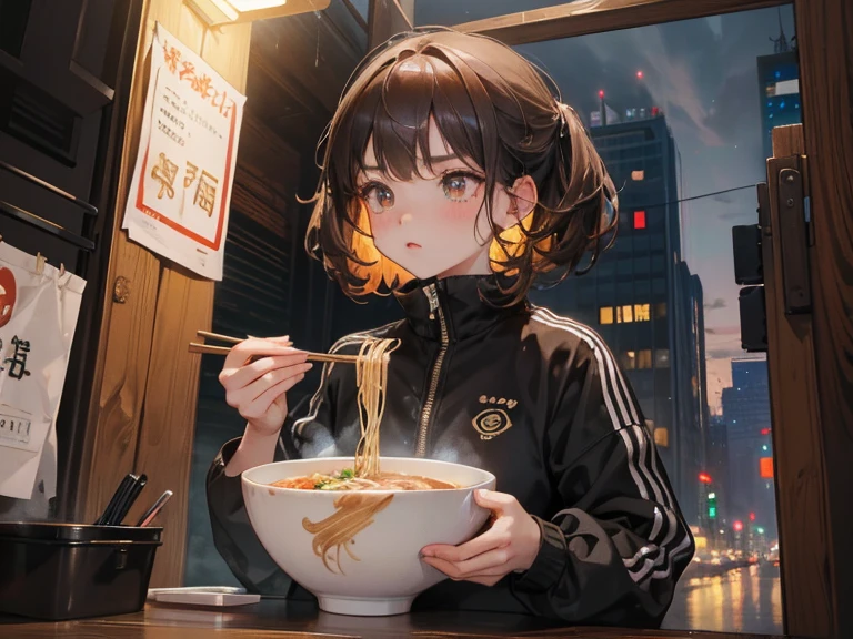 quality\(8k,wallpaper of extremely detailed CG unit, ​masterpiece,hight resolution,top-quality,top-quality real texture skin,hyper realisitic,increase the resolution,RAW photos,best qualtiy,highly detailed,the wallpaper,cinematic lighting,ray trace,golden ratio\), BREAK ,solo,1woman\(cute,kawaii,small kid,hair floating,hair color dark brown,eye color dark brown,big eyes,black tracksuit,big breast,eating 1ramen with 1chopsticks, at food stall,dynamic angle,smile,drunken\),background\(outside,city,noisy street,night,many drunken\)