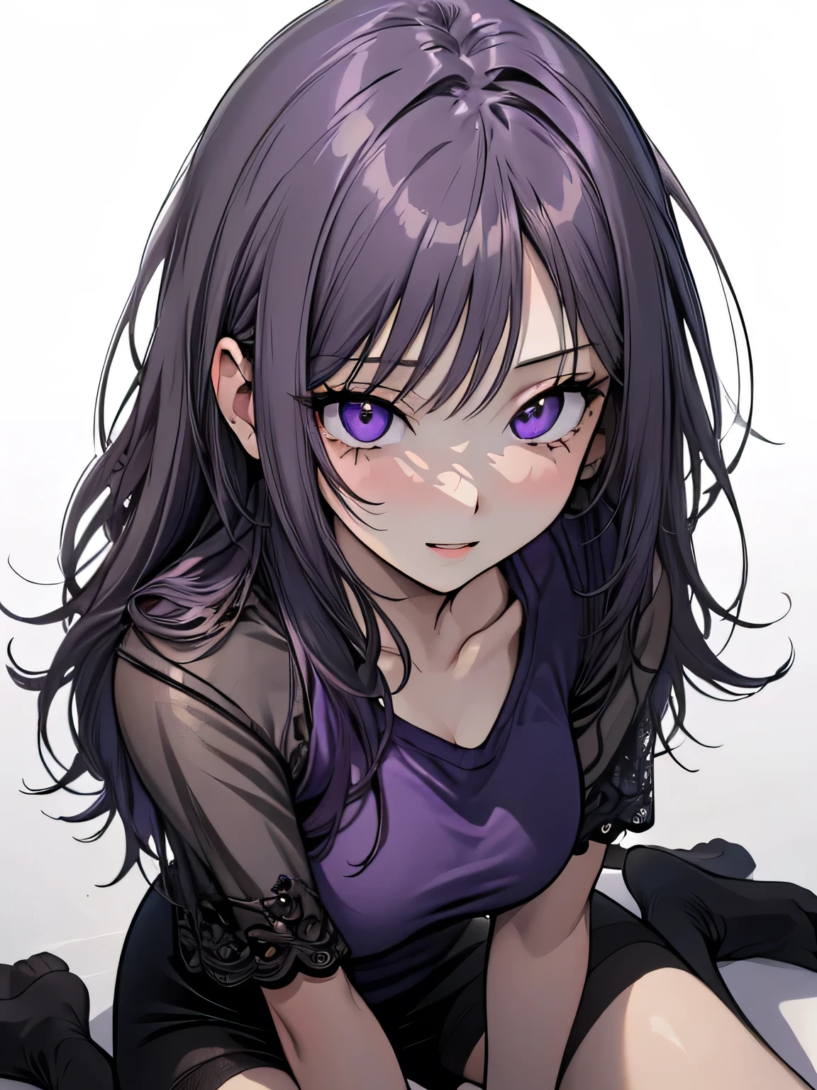 Anime girl with purple eyes sitting on the ground - SeaArt AI