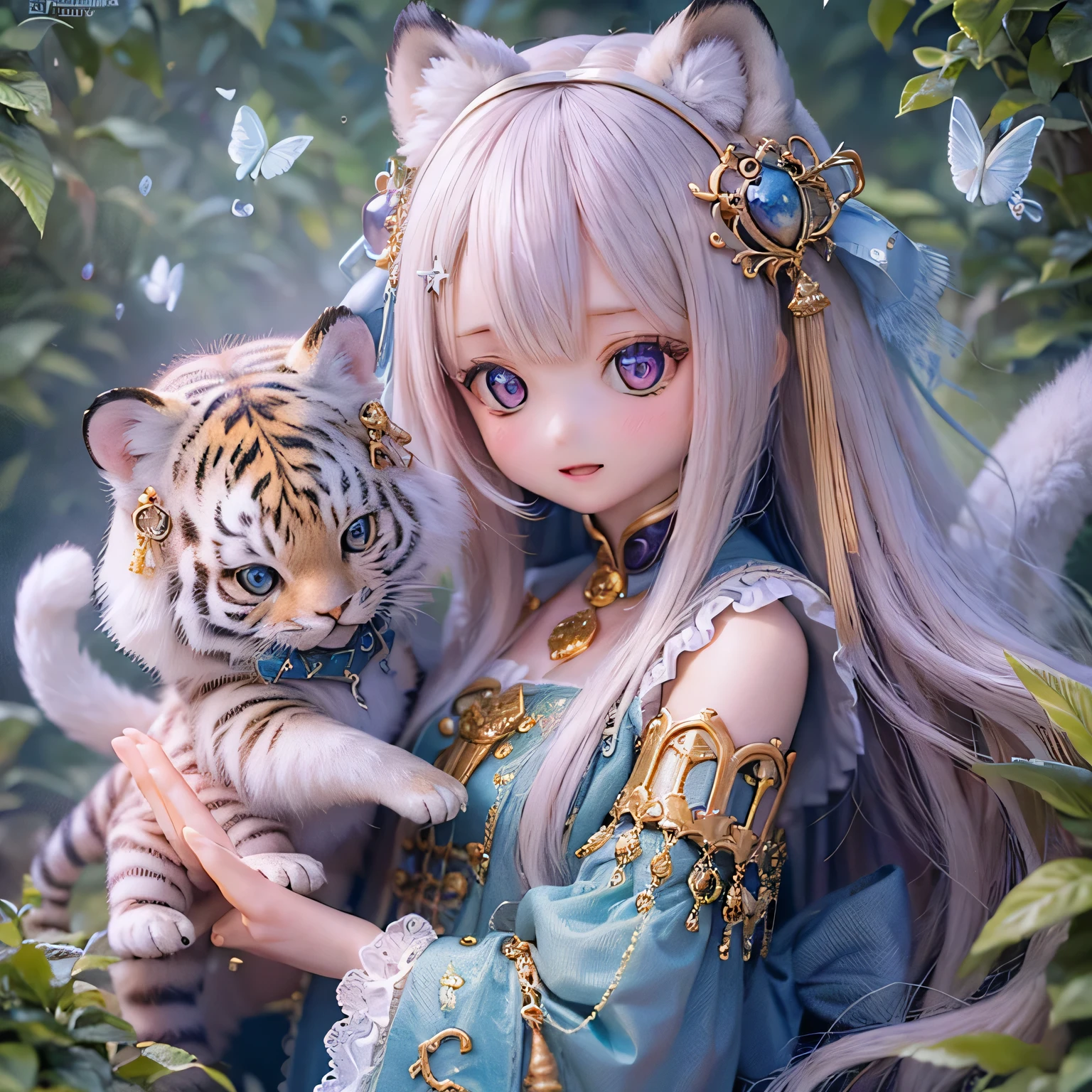 (de la máxima calidad,4k,8K,Alta resolución,obra maestra:1.2),Muy detallado,Realista,Chibi de chicas tigre blanco,Hermosos detalles,Pestañas largas,labios detallados,Una chica con ropa colorida y linda.,Un árbol alto con flores vibrantes.々々Juega en el Jardín Mágico,suave, cálida luz del sol golpeando los árboles々Conectar desde entre,Crea una atmósfera mágica y de ensueño.,Polvo de hadas brillante flotando en el aire,Aporta una sensación de glamour y maravilla a tus escenas.,La piel tiene un delicado e intrincado patrón de tigre...,Brilla suavemente, luz misteriosa,Las expresiones inocentes y felices de las chicas., 
Enfatizar una personalidad pura y juguetona.,Pequeños y adorables personajes chibi., 
Agrega ternura, Una mezcla armoniosa de realidad y fantasía., 
Evoca alegría e imaginación infantil., paleta de colores vibrantes y vivaces, 
tonos de rosa, púrpura, azul y,textura similar a una pintura, Añade profundidad y riqueza a tu obra de arte., Captura la esencia mágica de la escena..