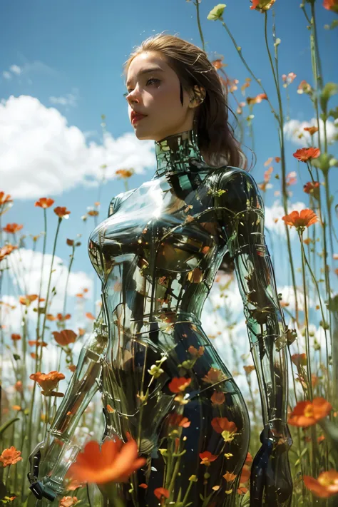 1 girl, Looking at the audience, Practical, Long hair, Long hair blown by wind, Solitary, Flowers, Sky, Sky, outdoor, short hair...