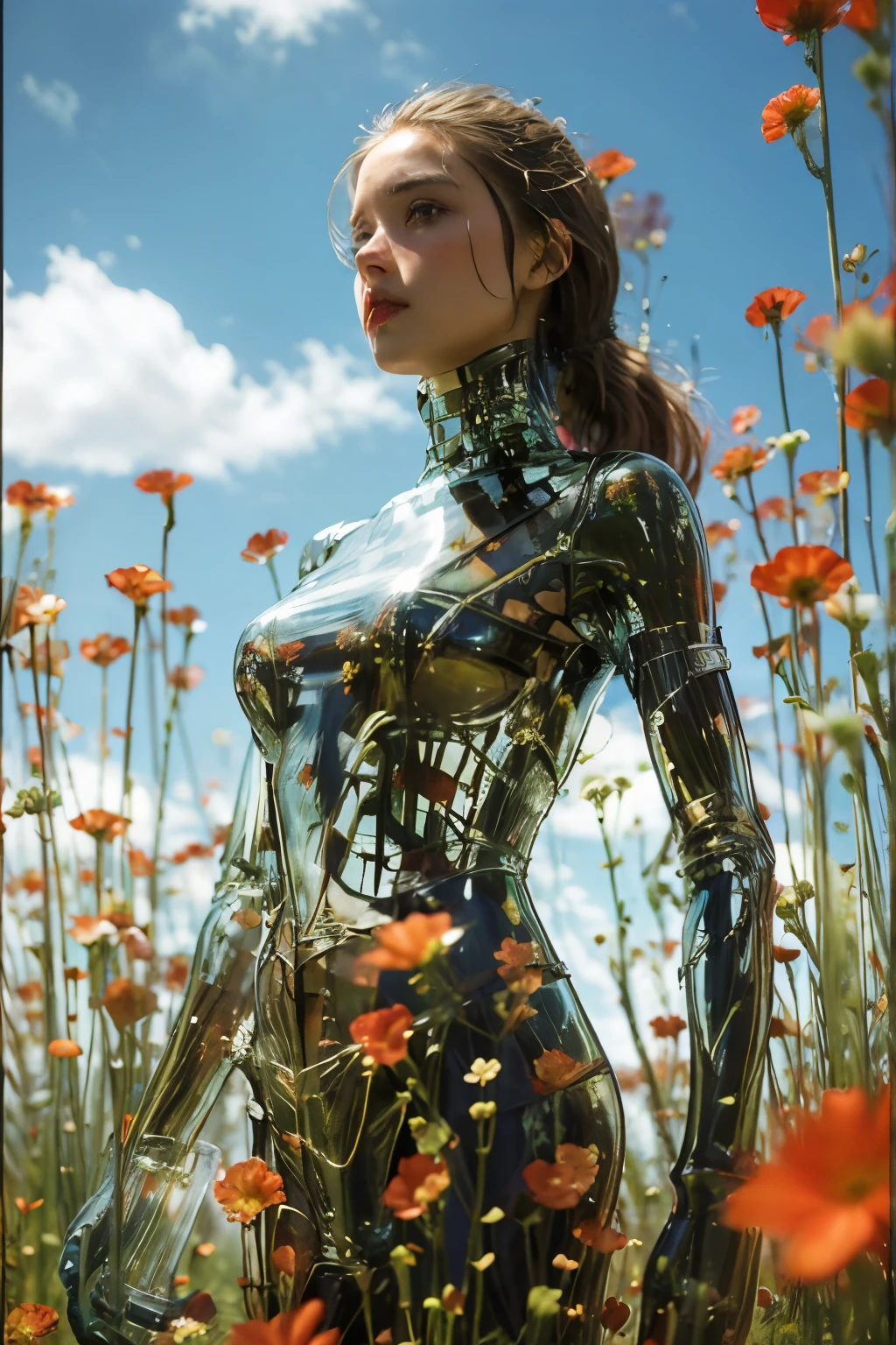 1 girl, Looking at the audience, Practical, Long hair, Long hair blown by wind, Solitary, Flowers, Sky, Sky, outdoor, short hair, brown Long hair, Science fiction, Vague, Grass, realism, cloud, blue Sky, Chest, Lips, transparent, transparent, transparent, 