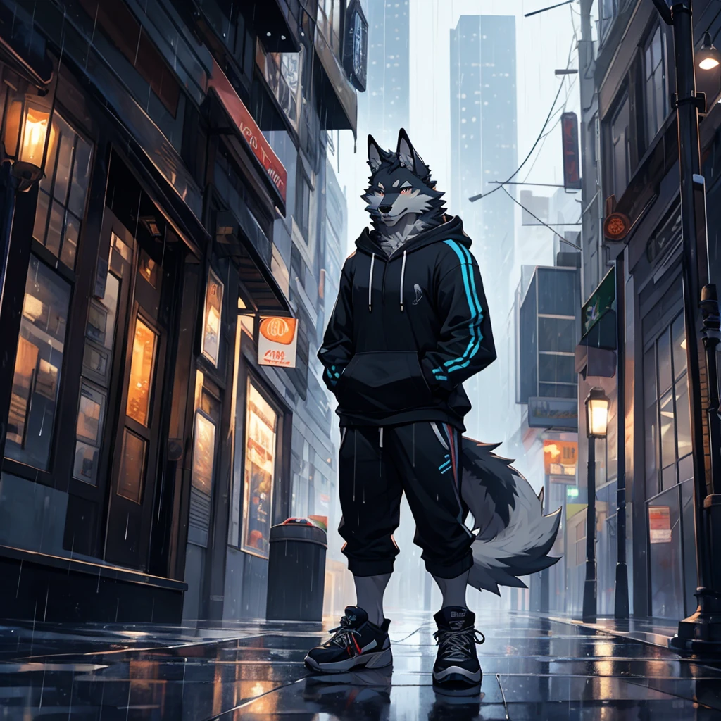 male, black fur, wolf, raining, city street, hoodie, realistic eyes, high quality, highlight, shade, long tail, tail, high detailed, high quality detailes, shadows, sneakers