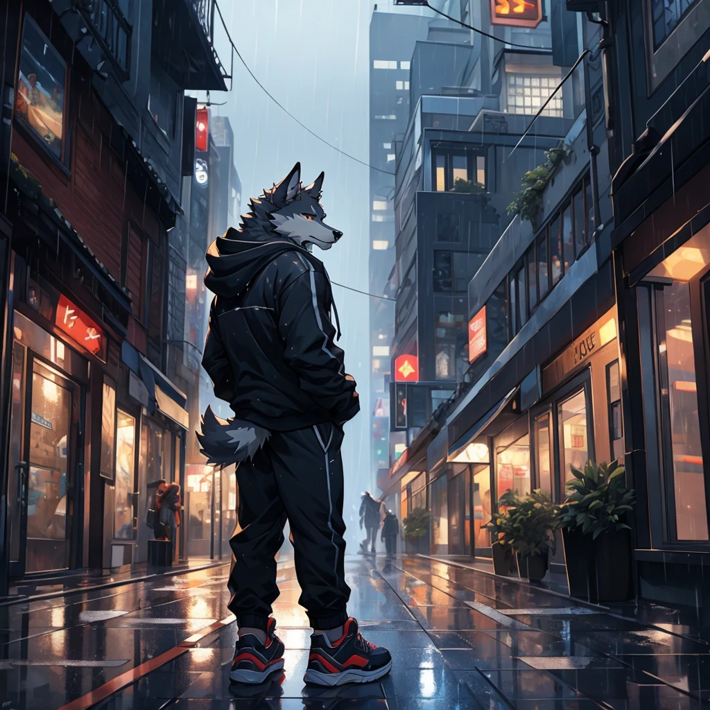 male, black fur, wolf, raining, city street, hoodie, realistic eyes, high quality, highlight, shade, long tail, tail, high detailed, high quality detailes, shadows, sneakers