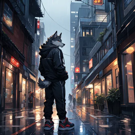 male, black fur, wolf, raining, city street, hoodie, realistic eyes, high quality, highlight, shade, long tail, tail, high detai...