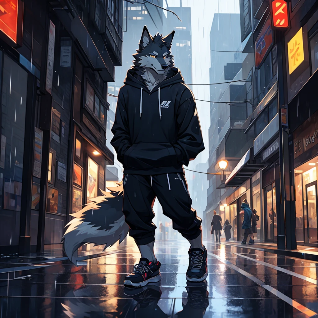 male, black fur, wolf, raining, city street, hoodie, realistic eyes, high quality, highlight, shade, long tail, tail, high detailed, high quality detailes, shadows, sneakers