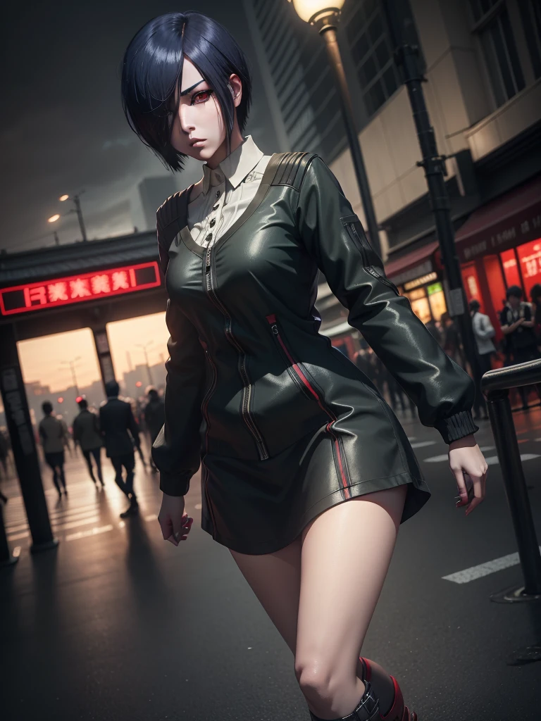 touka kirishima,beautiful detailed eyes,beautiful detailed lips,extremely detailed eyes and face,red and black hair,tokyo ghoul,anime style,dark and mysterious atmosphere, intense gaze[tokyo ghoul],outdoor setting,cityscape background,nighttime scene,vivid colors,sharp focus,highres,physically-based rendering