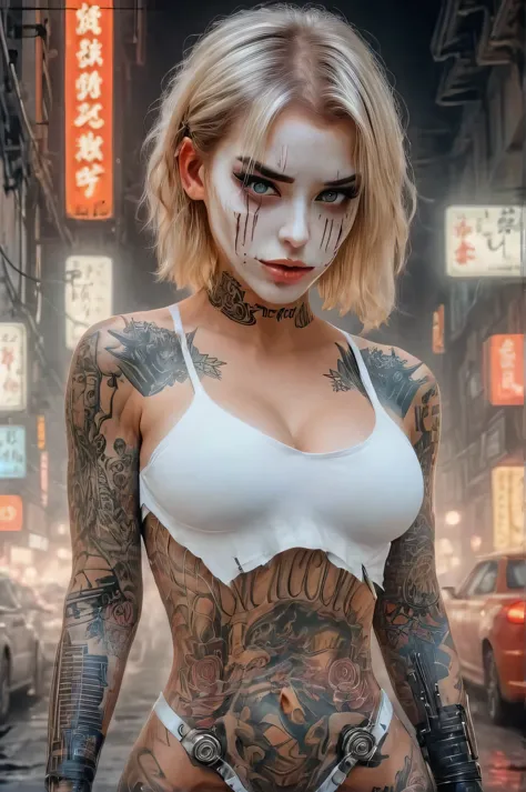 anime artwork, commercial portrait, (full body shot:1.6), cyberpunk style, 1girl, white face paint, black bleeding mascara, perf...