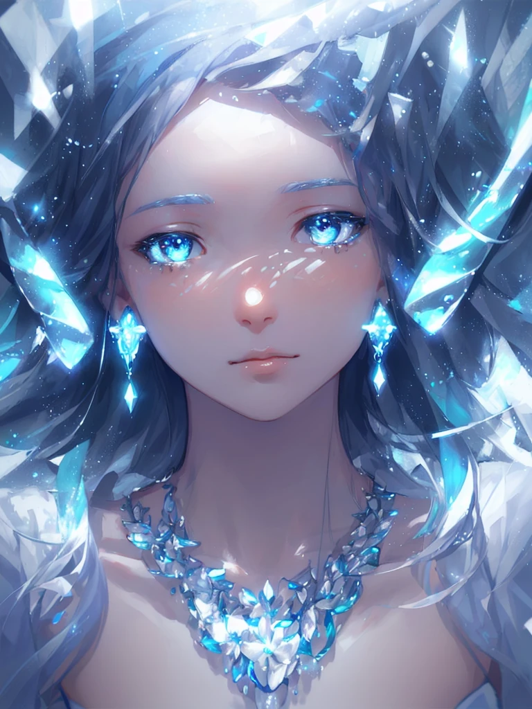 masterpiece, best quality, illustration, sax blue, platinum earrings, platinum necklace, white dress, 1girl, cute, (dynamic lighting:1.2), cinematic lighting, delicate facial features, detailed eyes, sharp pupils, realistic pupils, depth of field, bokeh, sharp focus, (hyper-detailed, bloom, glow:1.4), many small gems