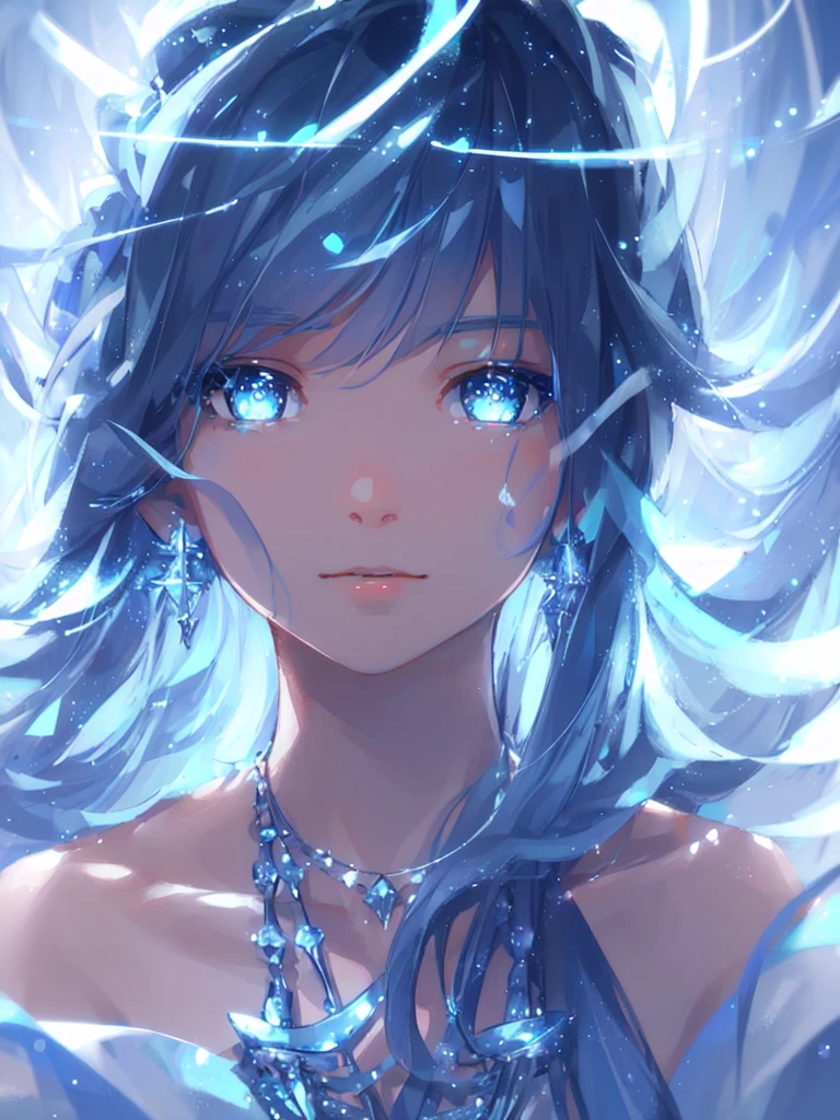 masterpiece, best quality, illustration, sax blue, platinum earrings, platinum necklace, white dress, 1girl, cute, (dynamic lighting:1.2), cinematic lighting, delicate facial features, detailed eyes, sharp pupils, realistic pupils, depth of field, bokeh, sharp focus, (hyper-detailed, bloom, glow:1.4), many small gems