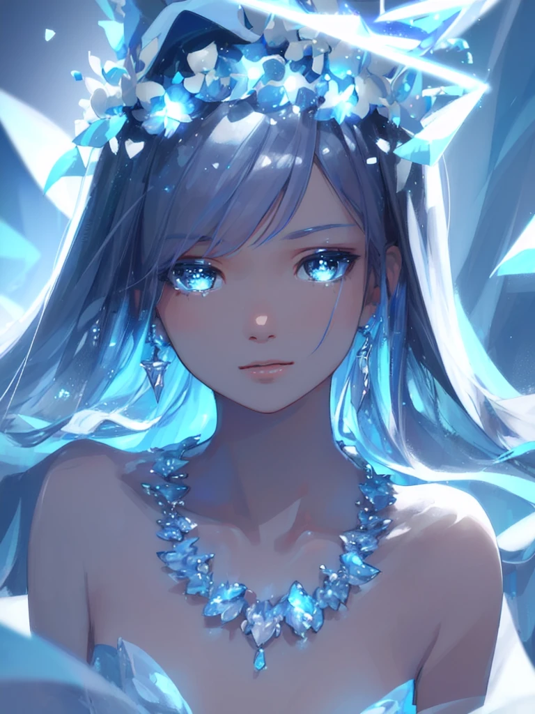 masterpiece, best quality, illustration, sax blue, platinum earrings, platinum necklace, white dress, 1girl, cute, (dynamic lighting:1.2), cinematic lighting, delicate facial features, detailed eyes, sharp pupils, realistic pupils, depth of field, bokeh, sharp focus, (hyper-detailed, bloom, glow:1.4), many small gems