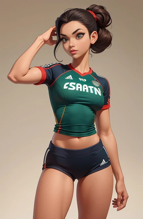 fille,, petit, Timide, Gros cul, short de volley-ball, maillot de match de football américain , pose dynamique, Chaud, lèvres douces ou colorées, fond simple, des mains parfaites, anatomie parfaite, Inclinaison 