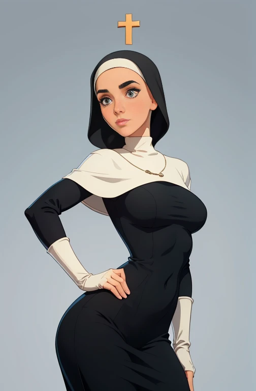 garota,, pequeno, Shy, bunda grande,   catholic nun outfit  , dynamic pose, Quente, soft or colored lips, fundo simples, perfect hands, anatomia perfeita, Tilt Jennifer Connelly style Cartoon style digital illustration GTA style