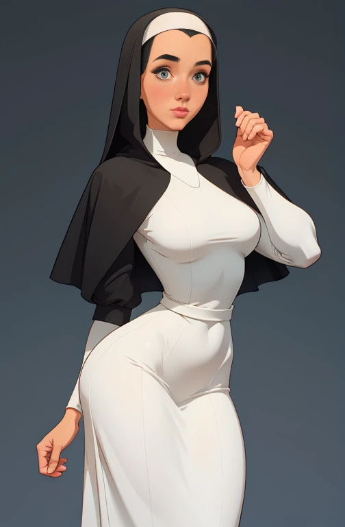 garota,, pequeno, Shy, bunda grande,   catholic nun outfit  , dynamic pose, Quente, soft or colored lips, fundo simples, perfect hands, anatomia perfeita, Tilt Jennifer Connelly style Cartoon style digital illustration GTA style